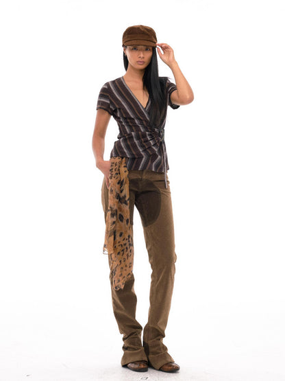 NyDkyel V-Neck Wrap Linen Blend Cropped Tee