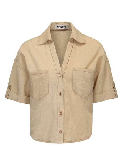V-neck Linen Blend ShorT-shirt with Wood Buttons &amp; Topstitch
