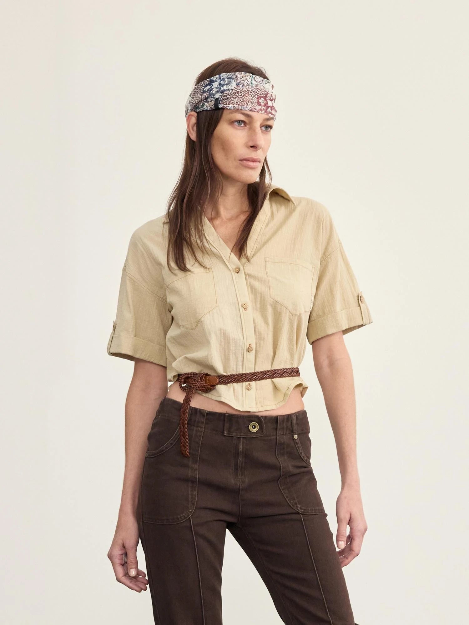 V-neck Linen Blend ShorT-shirt with Wood Buttons &amp; Topstitch