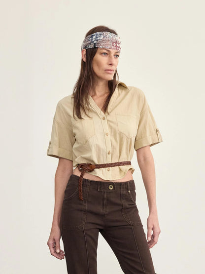V-neck Linen Blend ShorT-shirt with Wood Buttons &amp; Topstitch