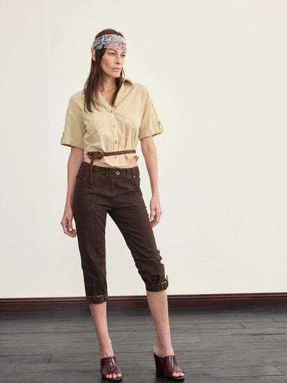 V-neck Linen Blend ShorT-shirt with Wood Buttons &amp; Topstitch