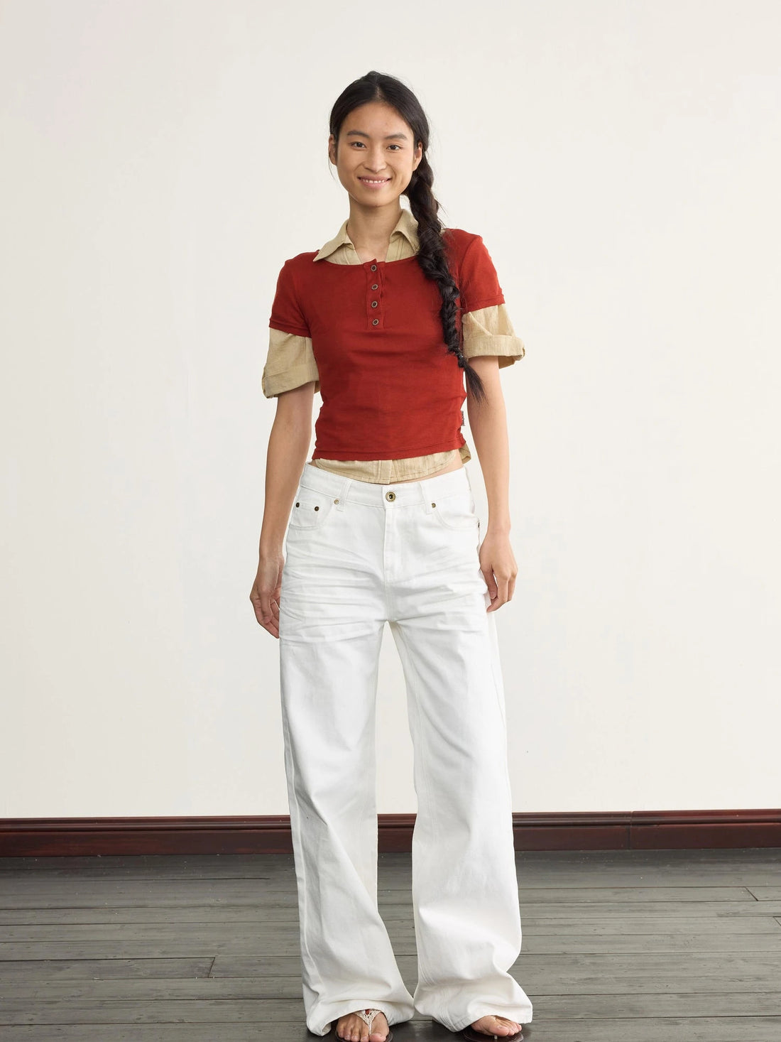 V-neck Linen Blend ShorT-shirt with Wood Buttons &amp; Topstitch