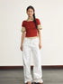 V-neck Linen Blend ShorT-shirt with Wood Buttons & Topstitch