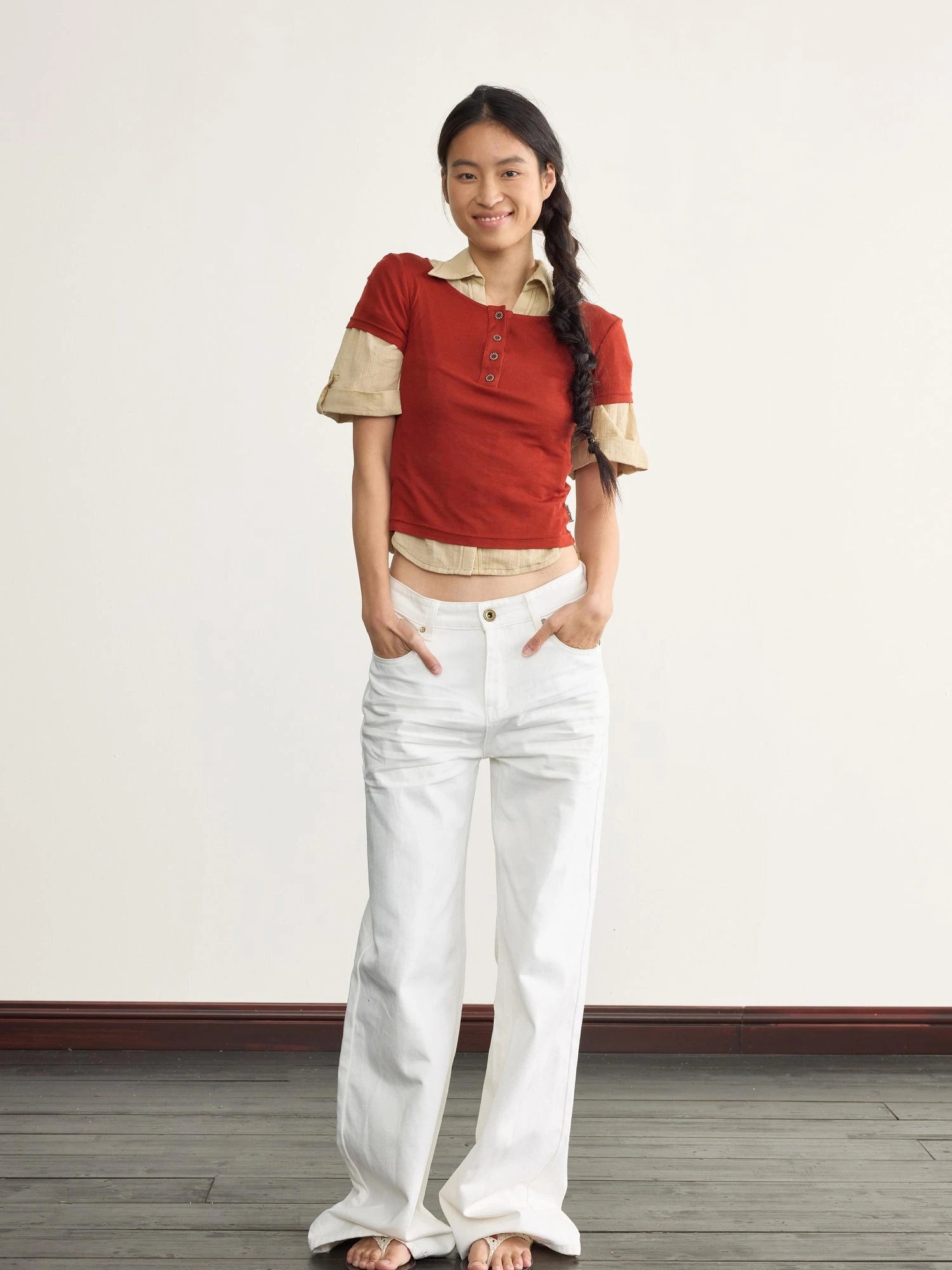 V-neck Linen Blend ShorT-shirt with Wood Buttons &amp; Topstitch