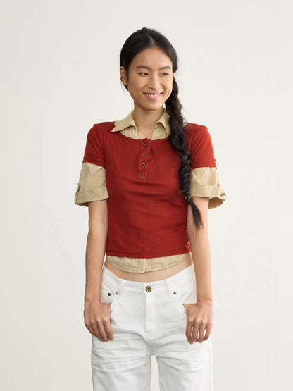 V-neck Linen Blend ShorT-shirt with Wood Buttons &amp; Topstitch
