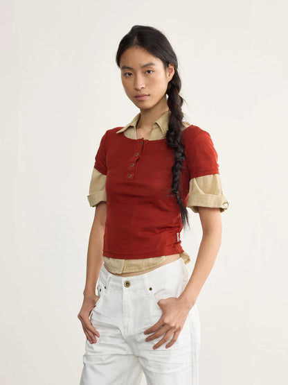 V-neck Linen Blend ShorT-shirt with Wood Buttons &amp; Topstitch