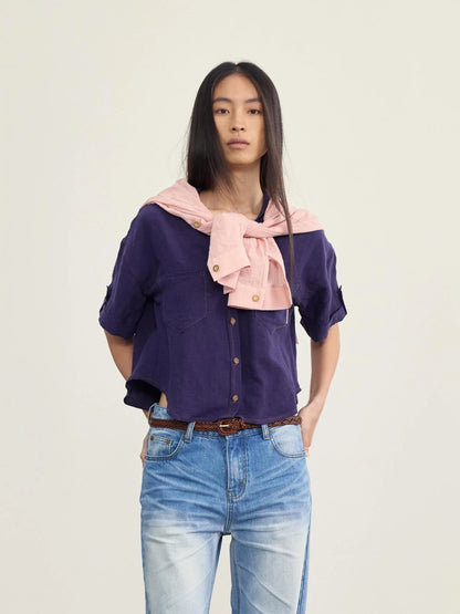 V-neck Linen Blend ShorT-shirt with Wood Buttons &amp; Topstitch