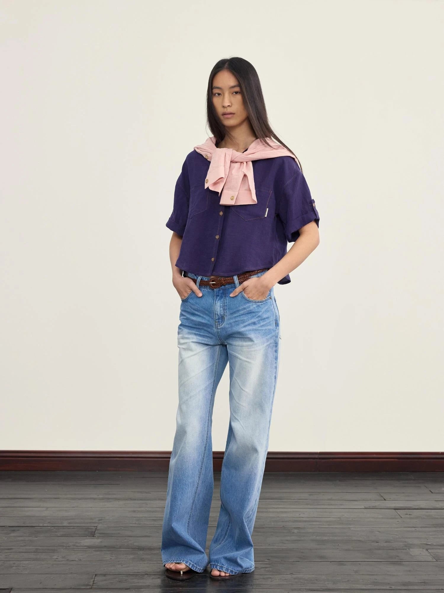 V-neck Linen Blend ShorT-shirt with Wood Buttons &amp; Topstitch