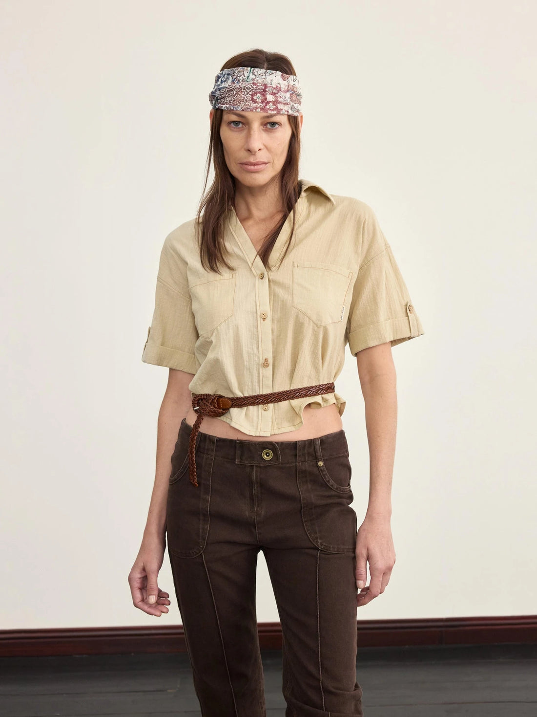 V-neck Linen Blend ShorT-shirt with Wood Buttons &amp; Topstitch