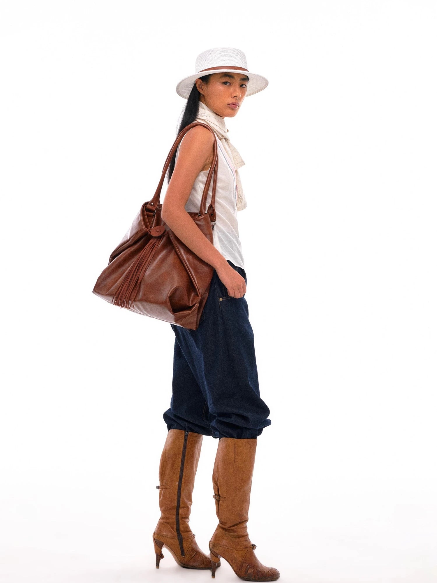 Vintage Brown Tote Bag With Adjustable Twist Lock And Fringe
