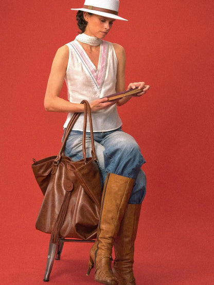 Vintage Brown Tote Bag With Adjustable Twist Lock And Fringe