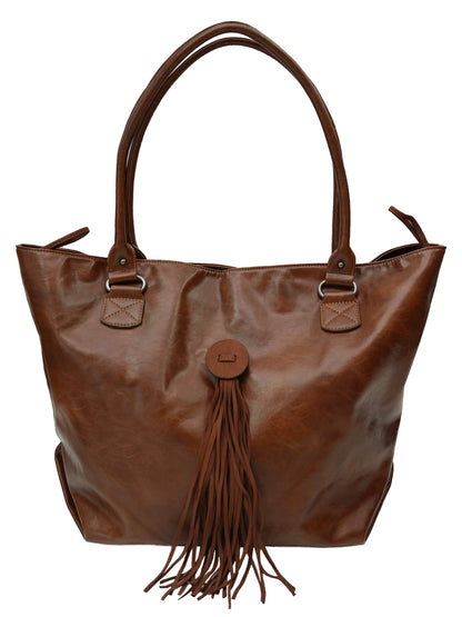 Vintage Brown Tote Bag With Adjustable Twist Lock And Fringe