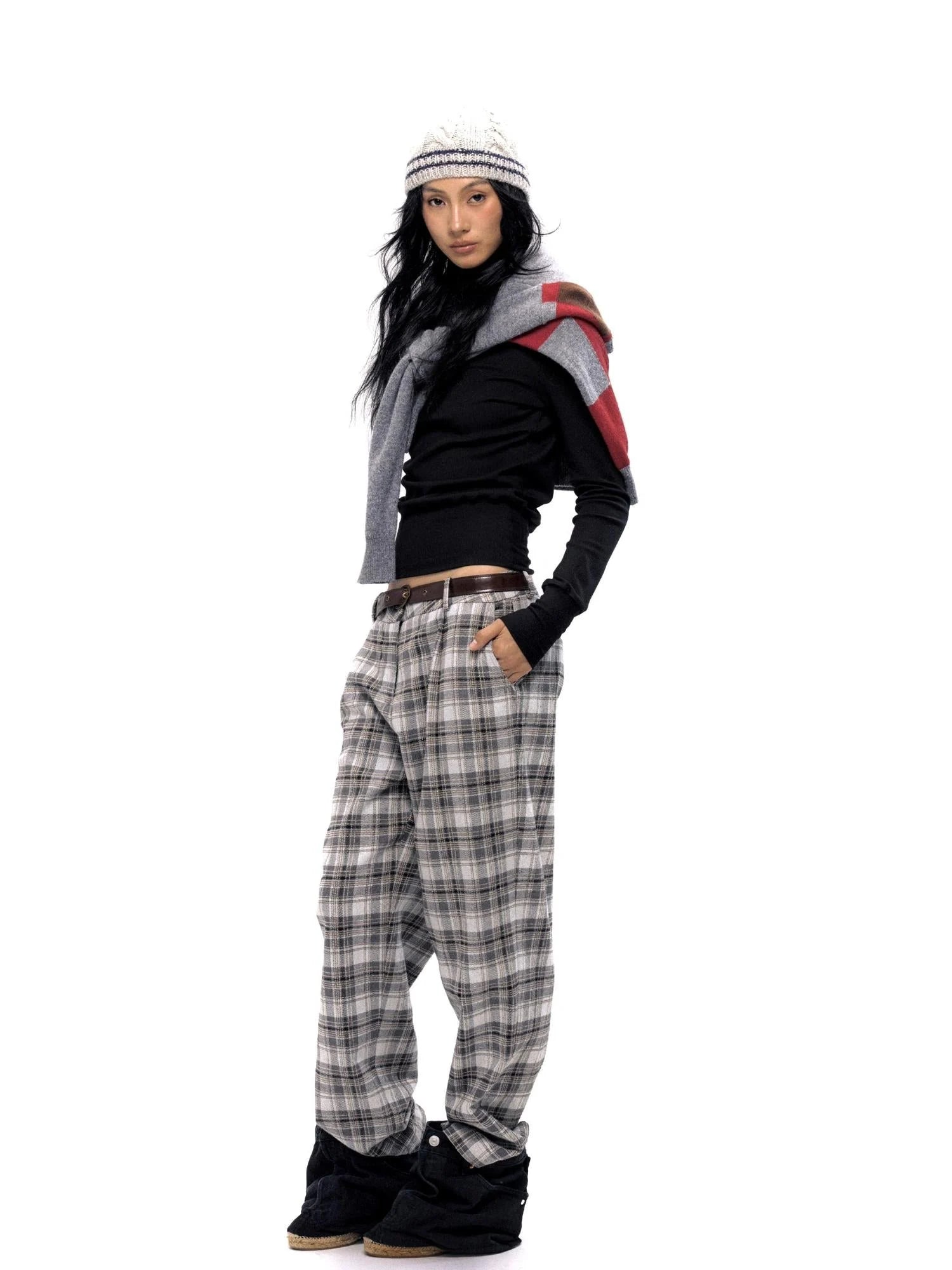 Vintage Checkered Tweed Relaxed Fit Trousers
