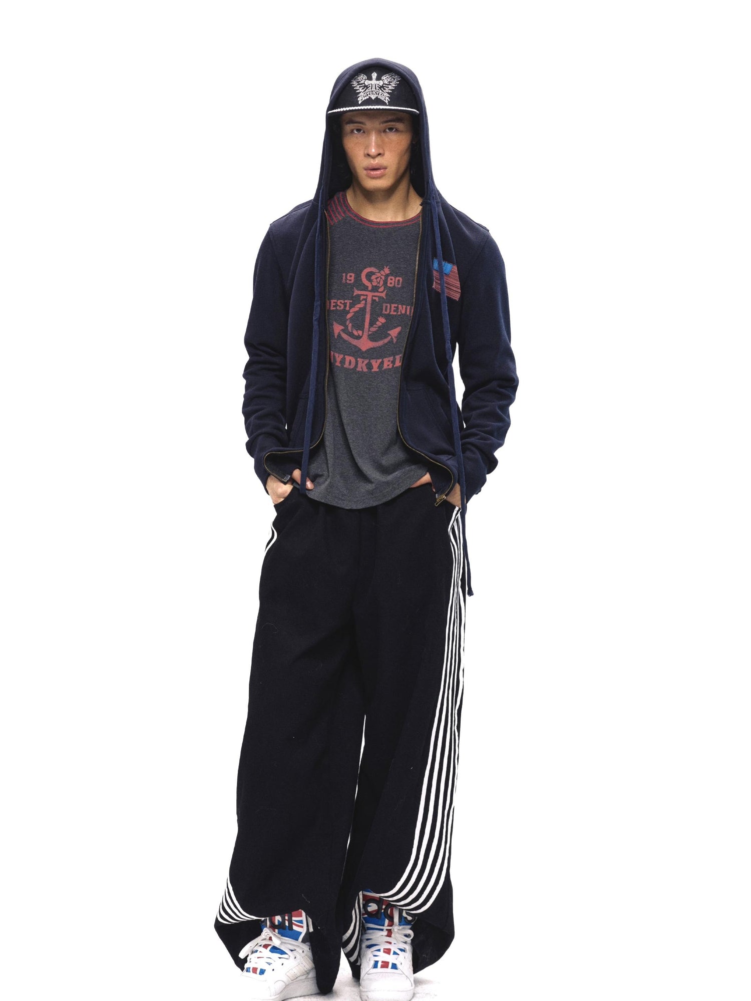 NyDkyel Vintage Denim Blue Hoodie With Retro Print