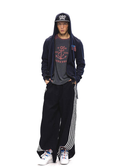 NyDkyel Vintage Denim Blue Hoodie With Retro Print