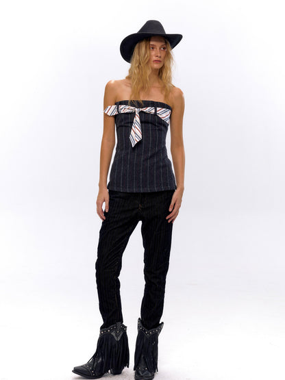 NyDkyel Vintage Flocked Denim Flare Trousers