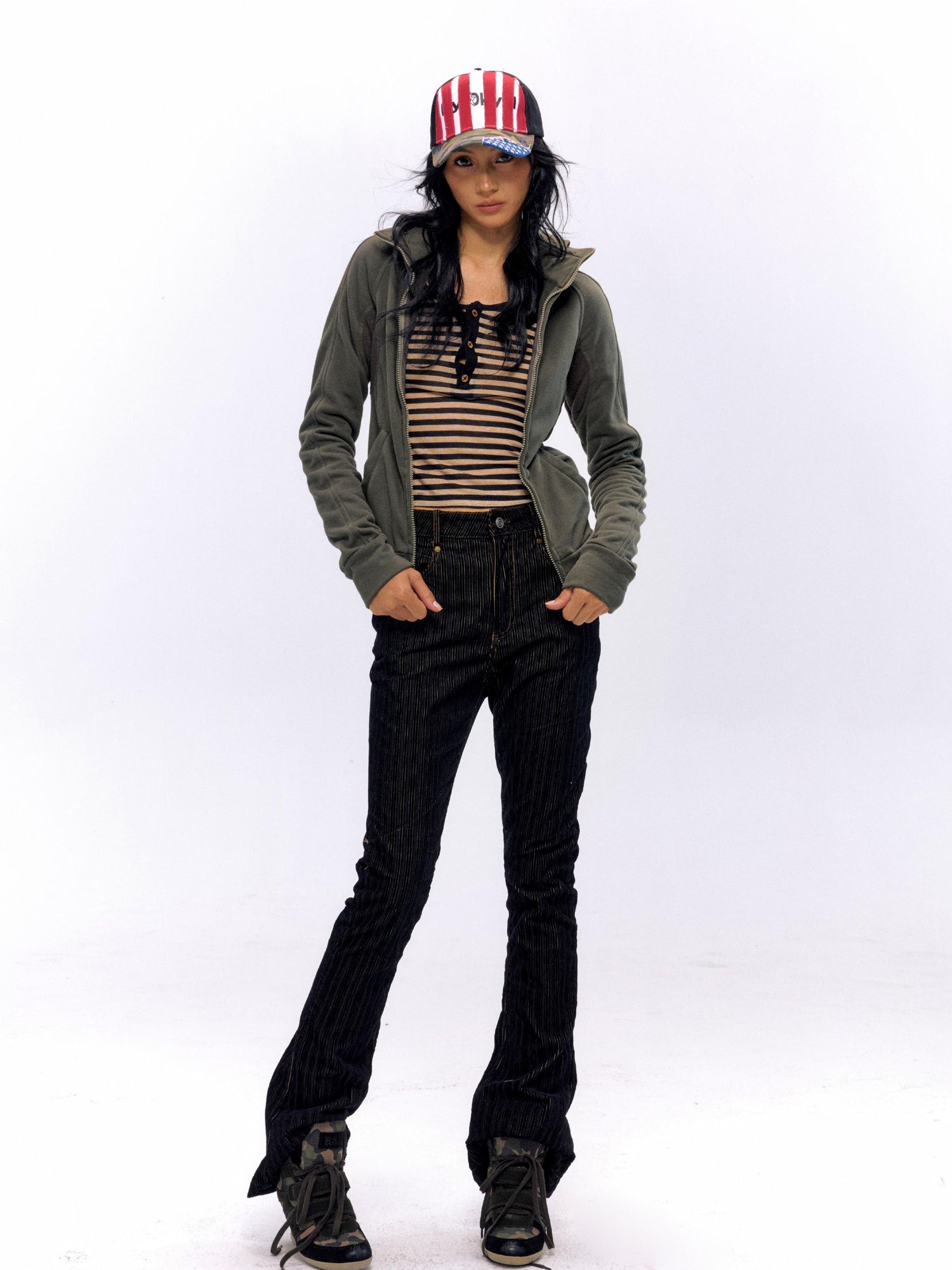 NyDkyel Vintage Flocked Denim Flare Trousers