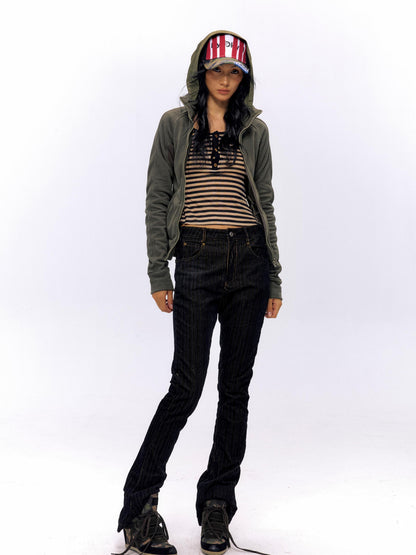 NyDkyel Vintage Flocked Denim Flare Trousers