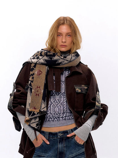 Vintage Jacquard Knit Scarf In Gray Brown