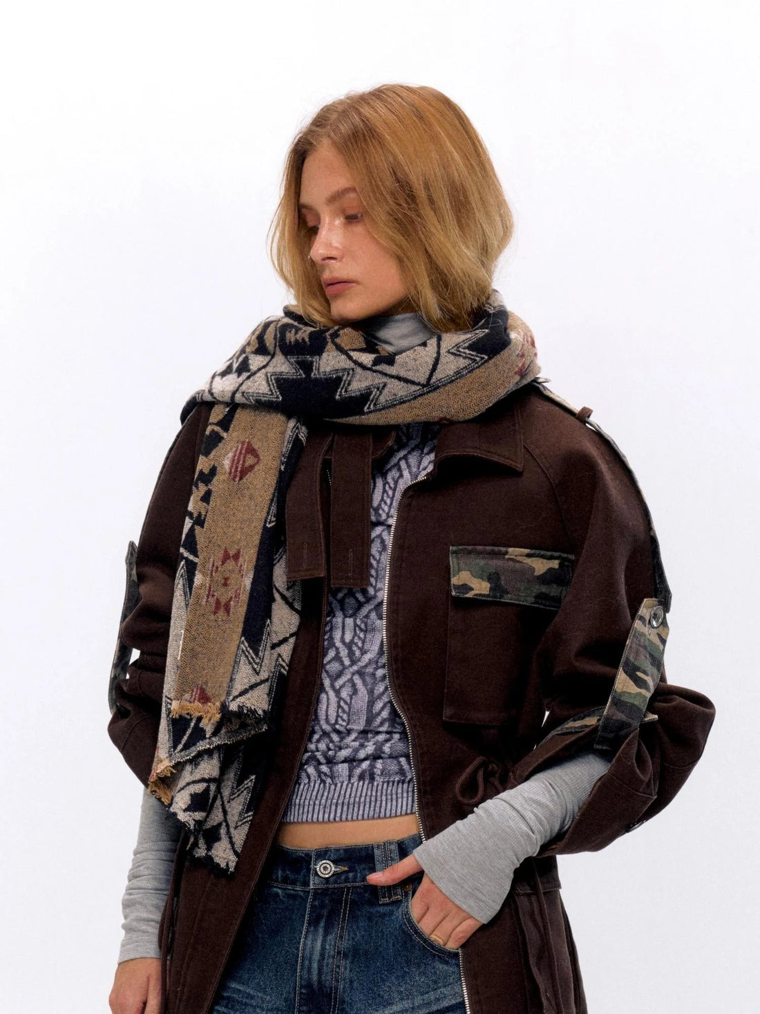 Vintage Jacquard Knit Scarf In Gray Brown