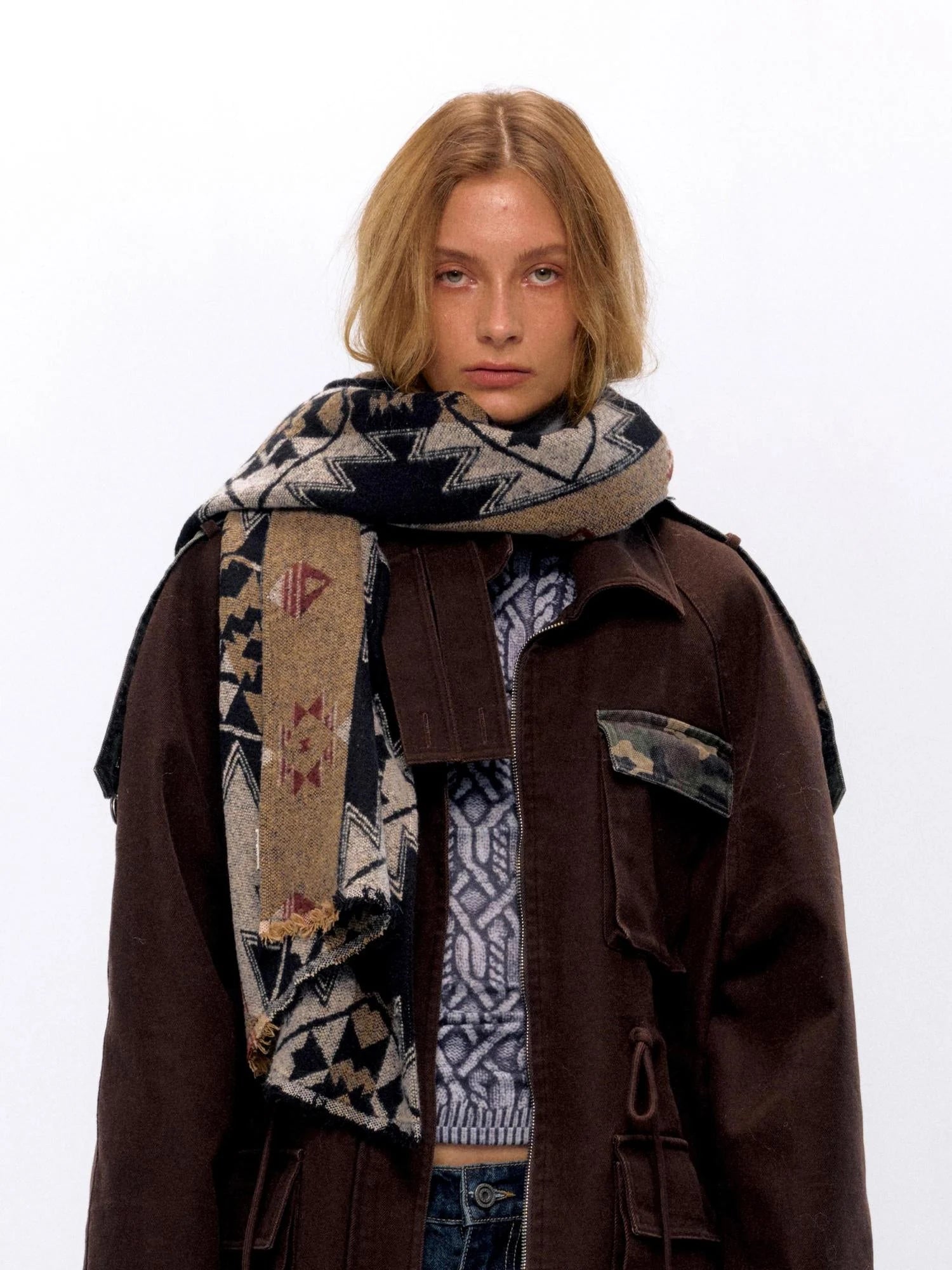 Vintage Jacquard Knit Scarf In Gray Brown
