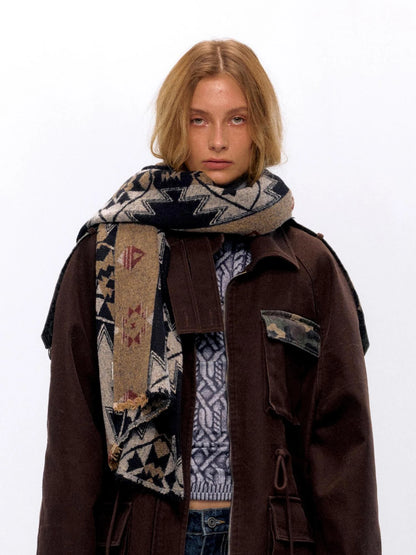 Vintage Jacquard Knit Scarf In Gray Brown