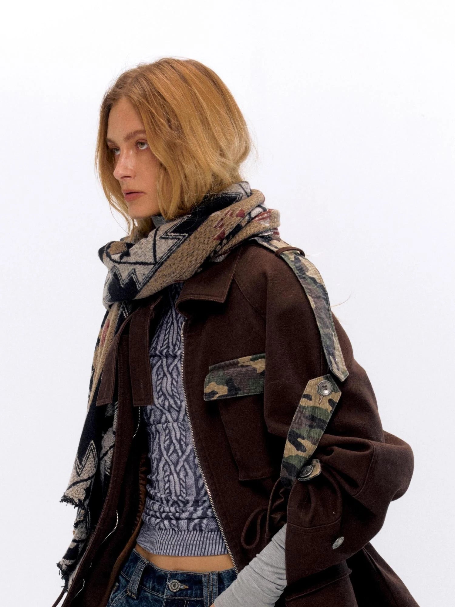Vintage Jacquard Knit Scarf In Gray Brown