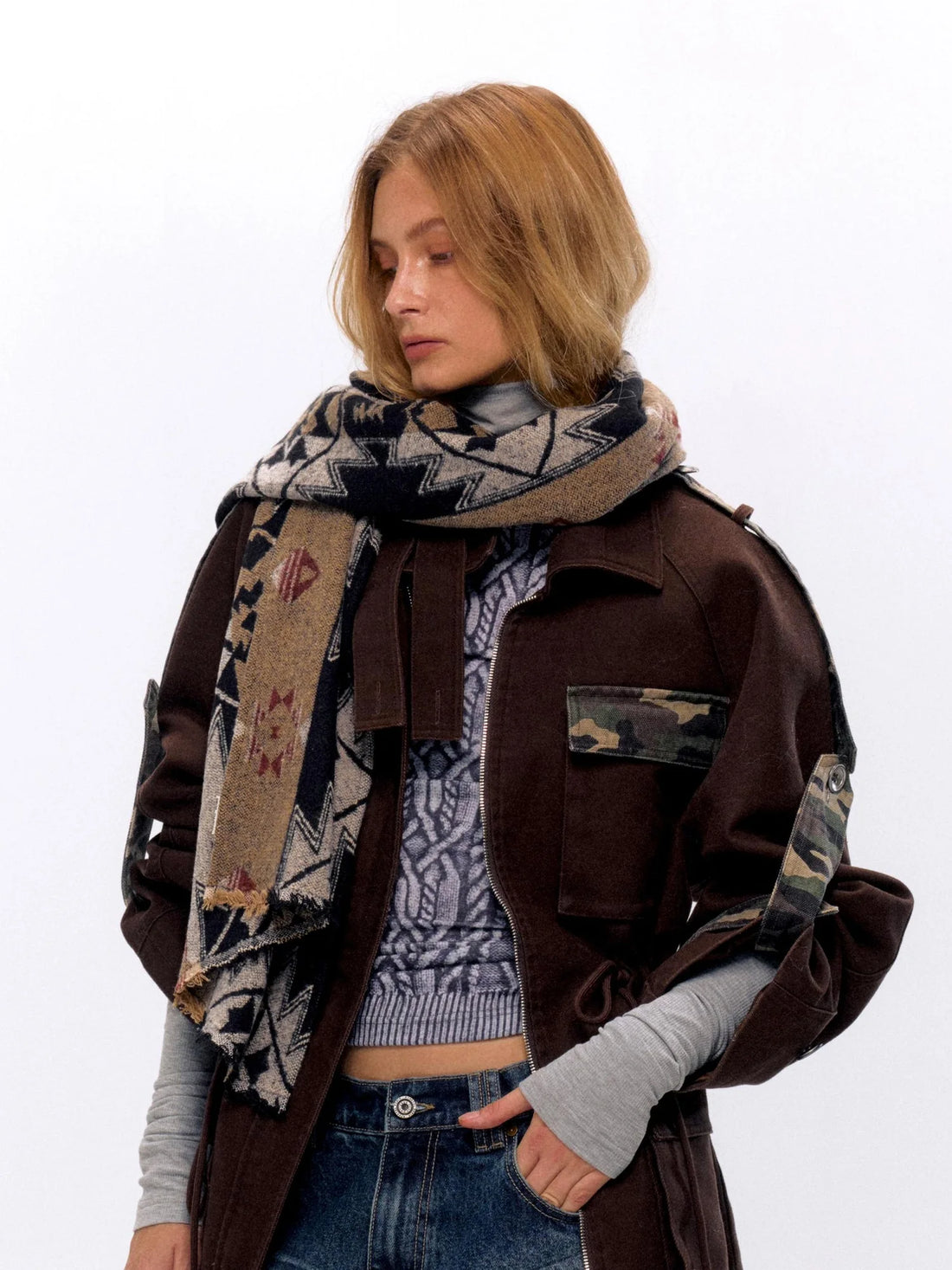 Vintage Jacquard Knit Scarf In Gray Brown