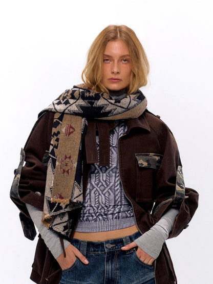Vintage Jacquard Knit Scarf In Gray Brown