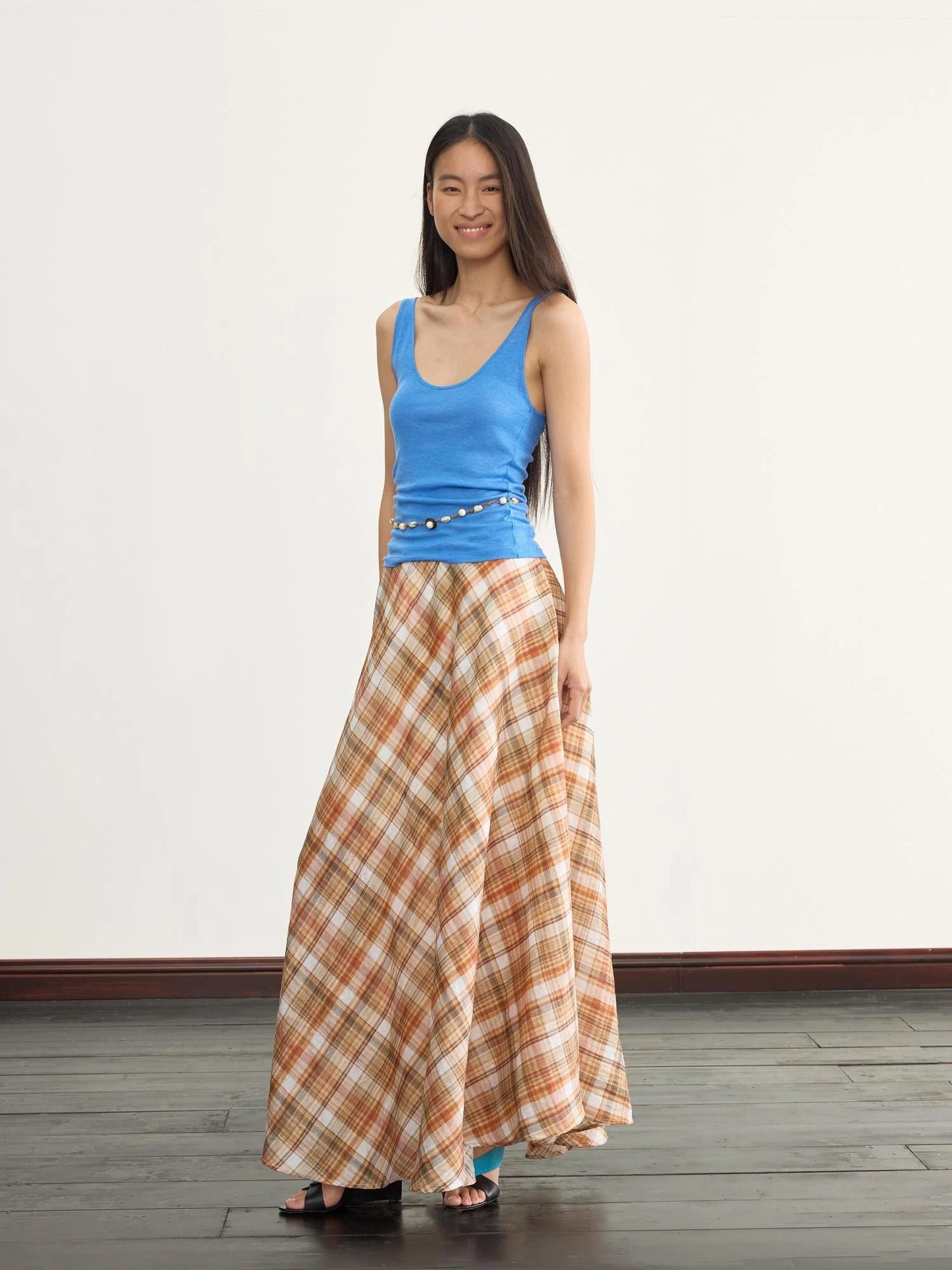 Vintage Orange Grid A Line Skirt With Hand Beaded Waist
