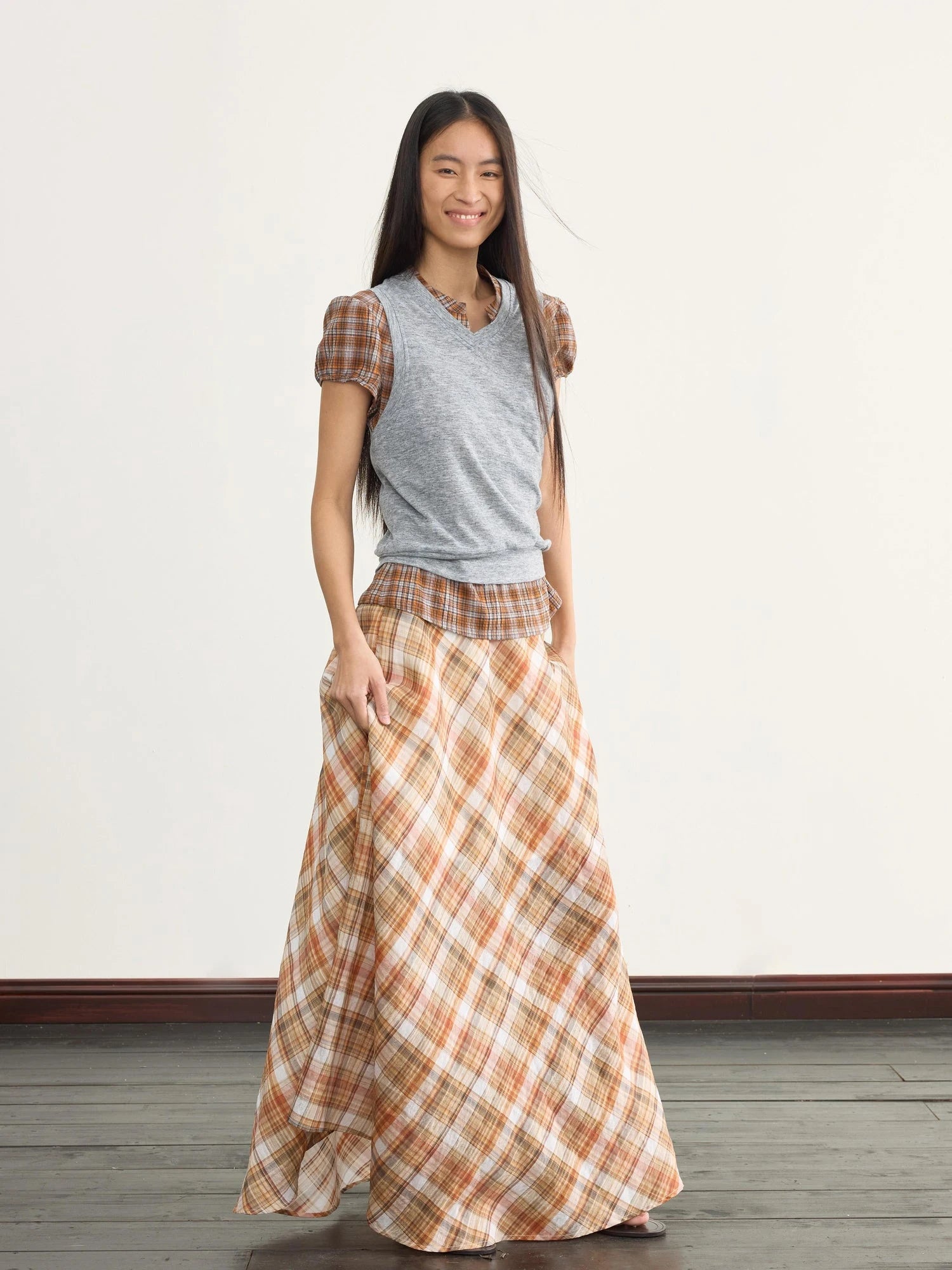 Vintage Orange Grid A Line Skirt With Hand Beaded Waist