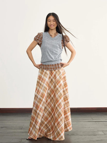 Vintage Orange Grid A Line Skirt With Hand Beaded Waist