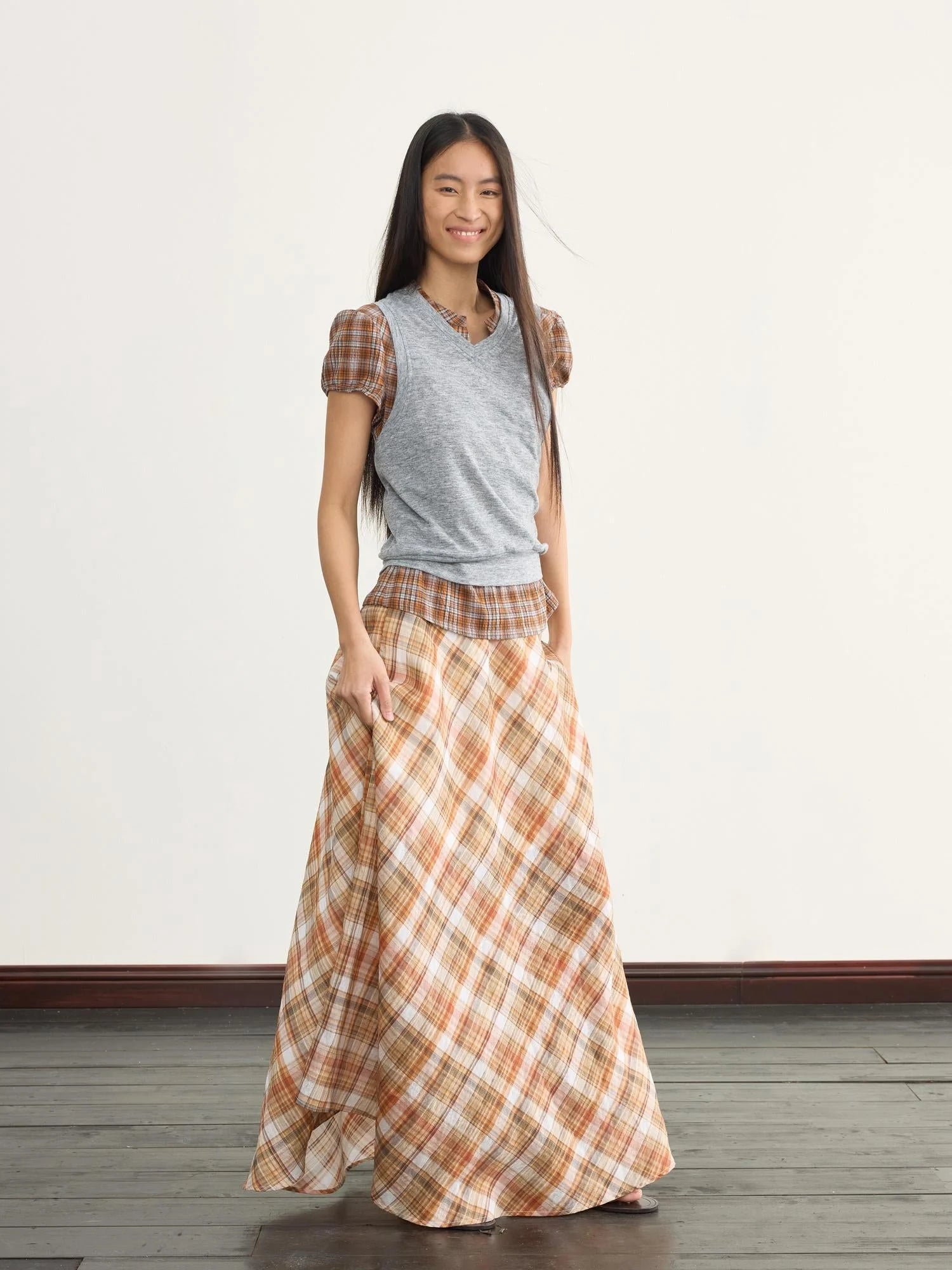 Vintage Orange Grid A Line Skirt With Hand Beaded Waist