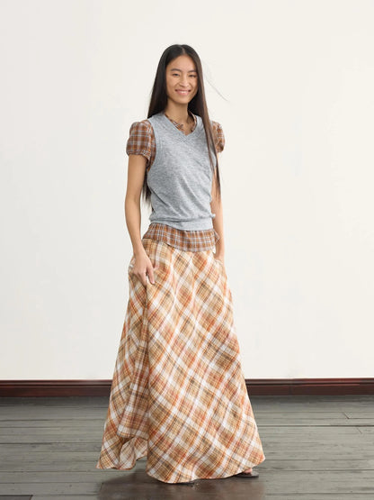 Vintage Orange Grid A Line Skirt With Hand Beaded Waist