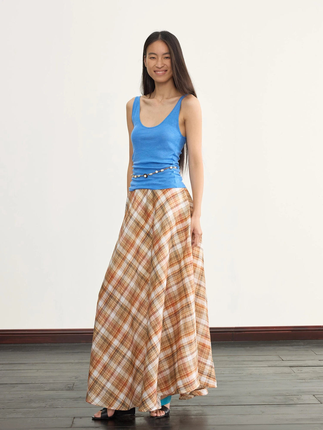 Vintage Orange Grid A Line Skirt With Hand Beaded Waist