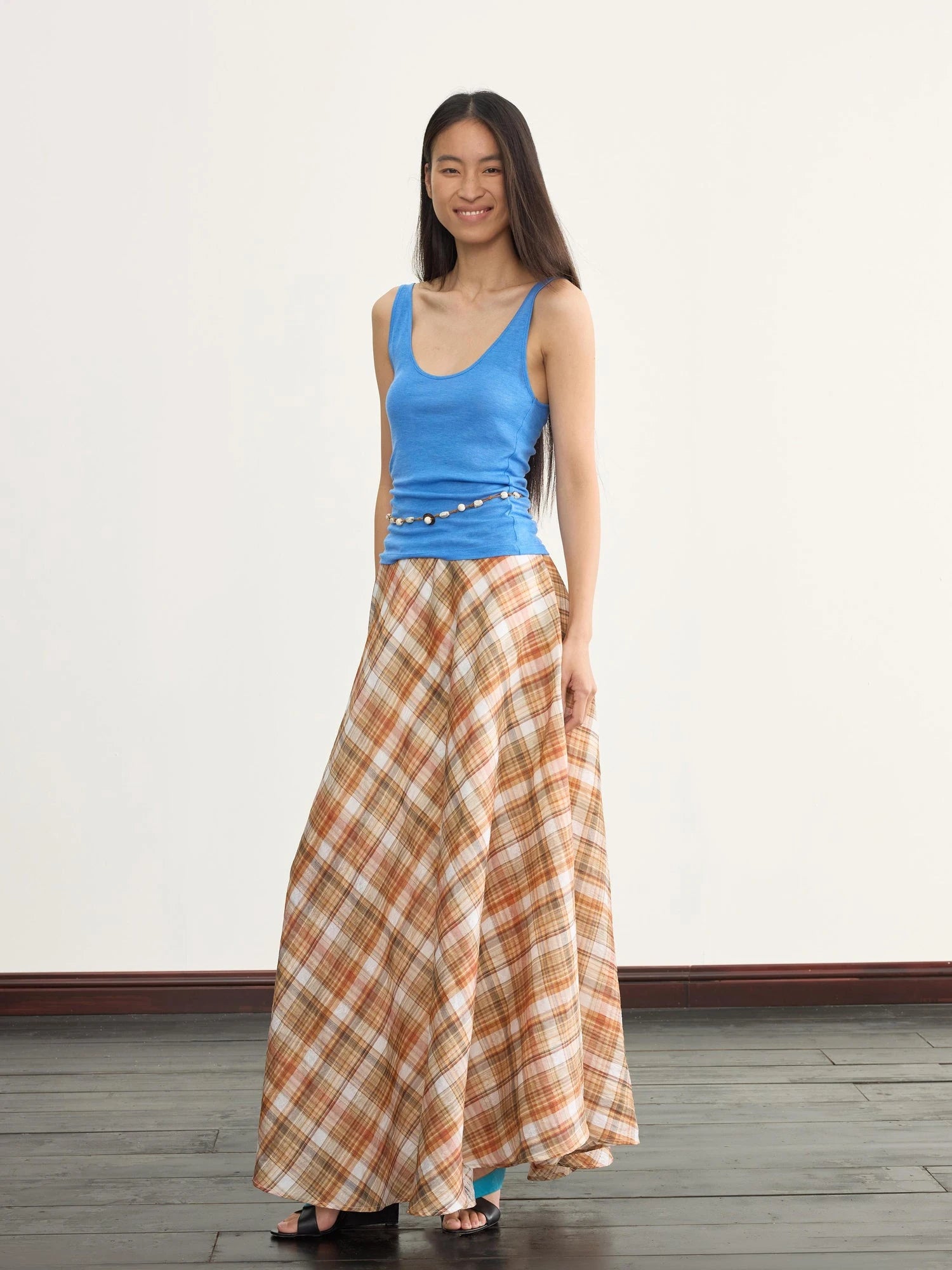 Vintage Orange Grid A Line Skirt With Hand Beaded Waist