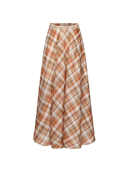 Vintage Orange Grid A Line Skirt With Hand Beaded Waist