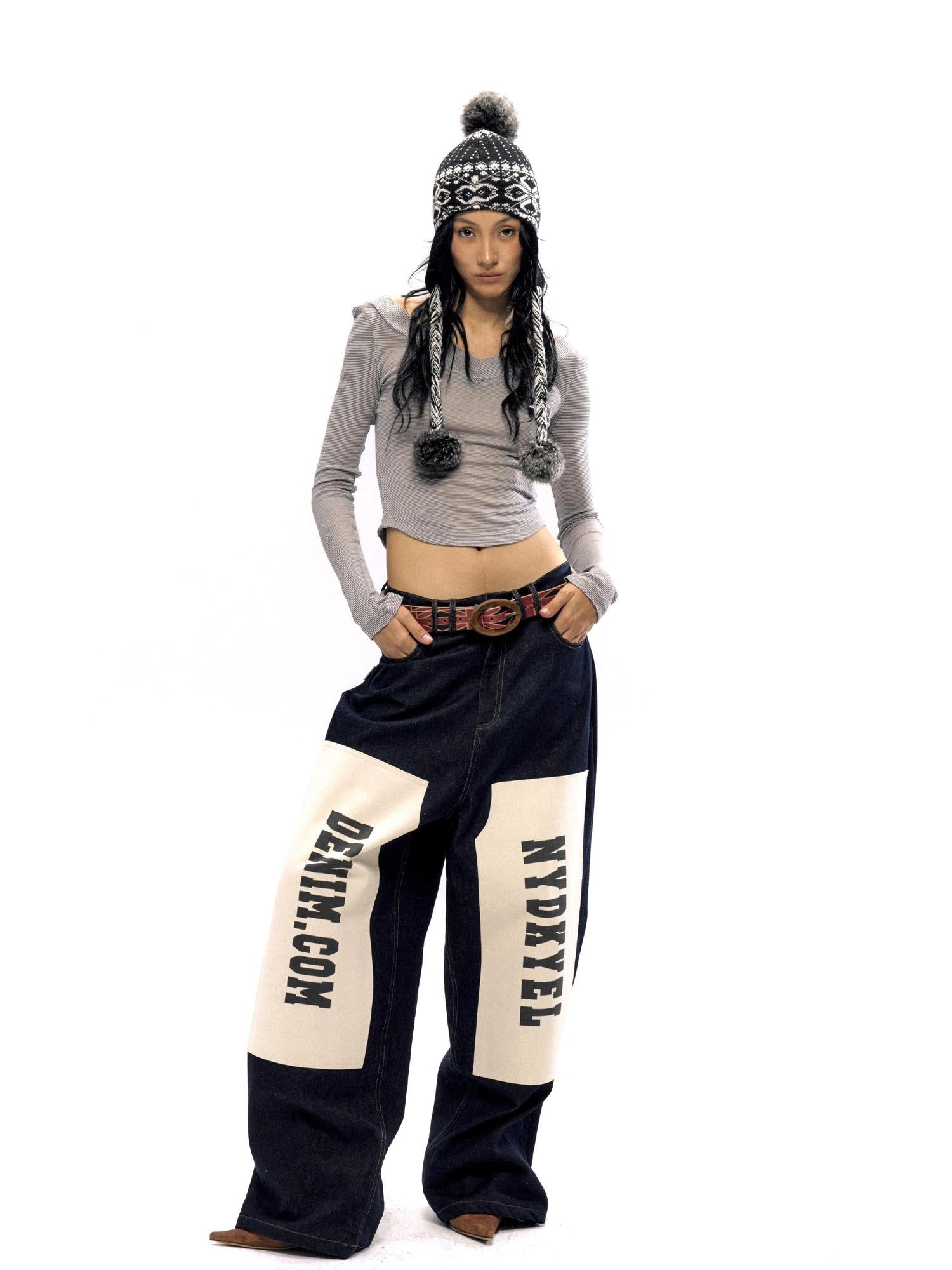NyDkyel Vintage Patch Print Raw Denim Jeans