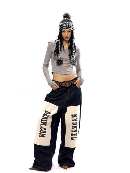 NyDkyel Vintage Patch Print Raw Denim Jeans