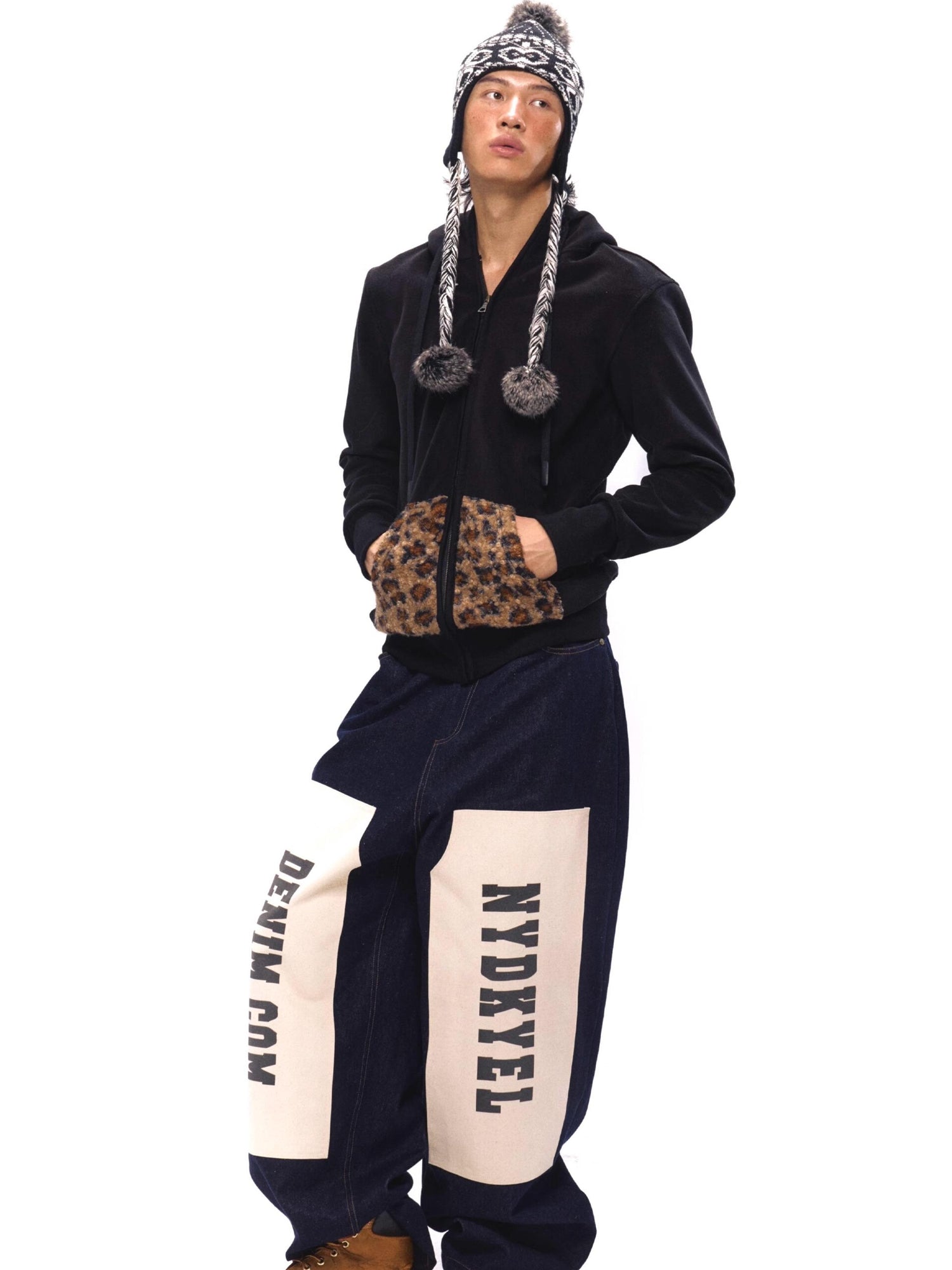 NyDkyel Vintage Patch Print Raw Denim Jeans