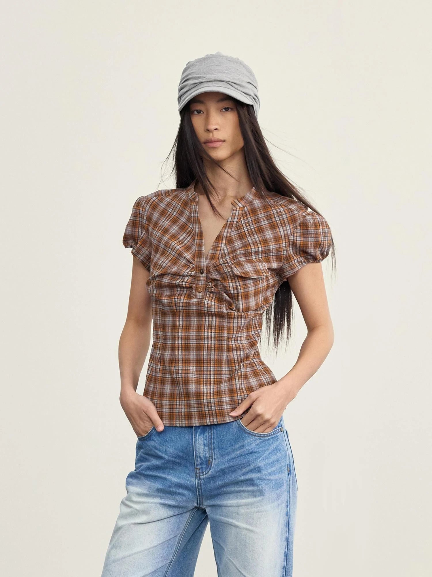 Vintage Plaid Peplum Blouse With Ruffled Sleeves
