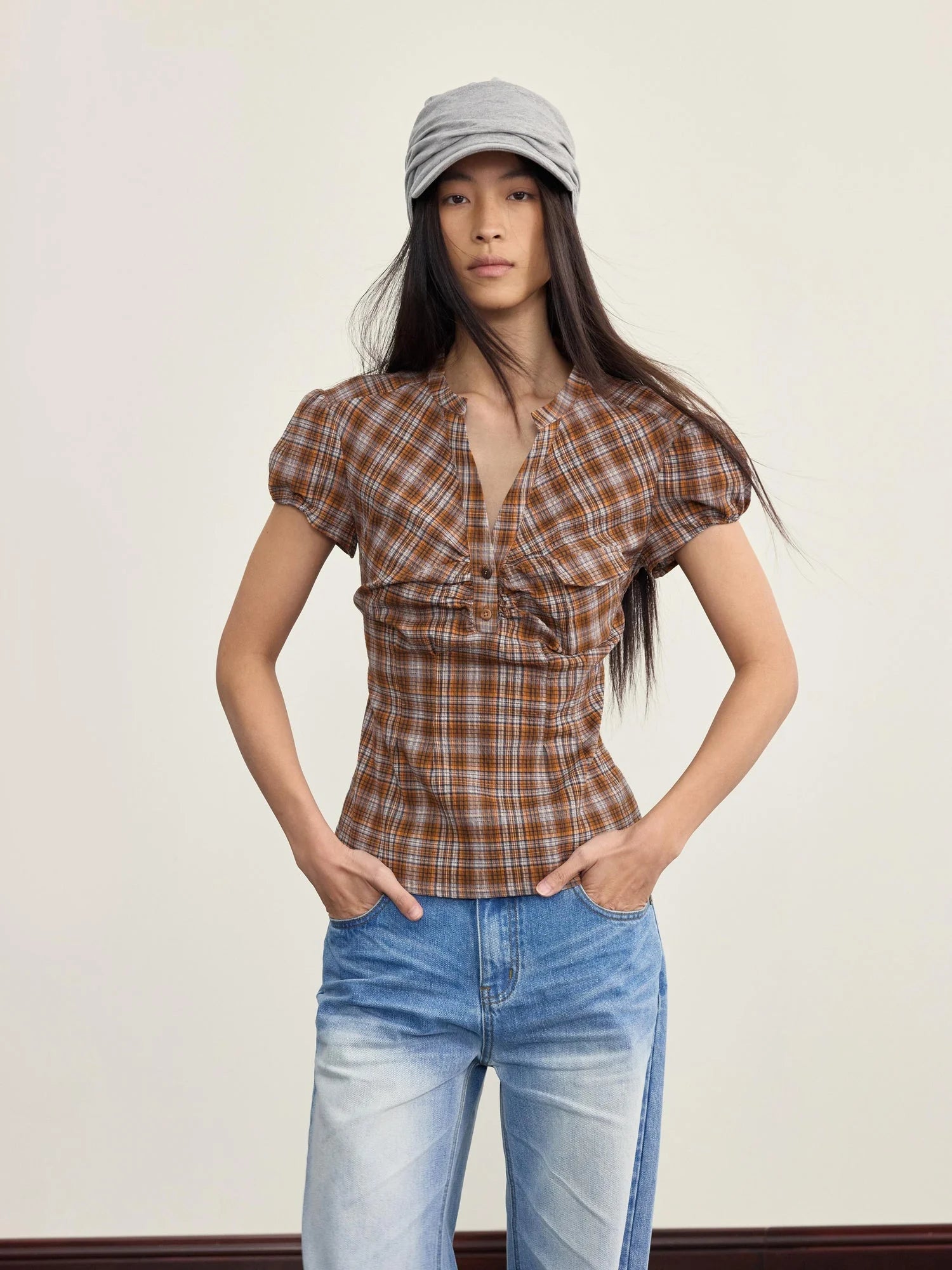 Vintage Plaid Peplum Blouse With Ruffled Sleeves