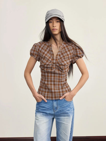 Vintage Plaid Peplum Blouse With Ruffled Sleeves