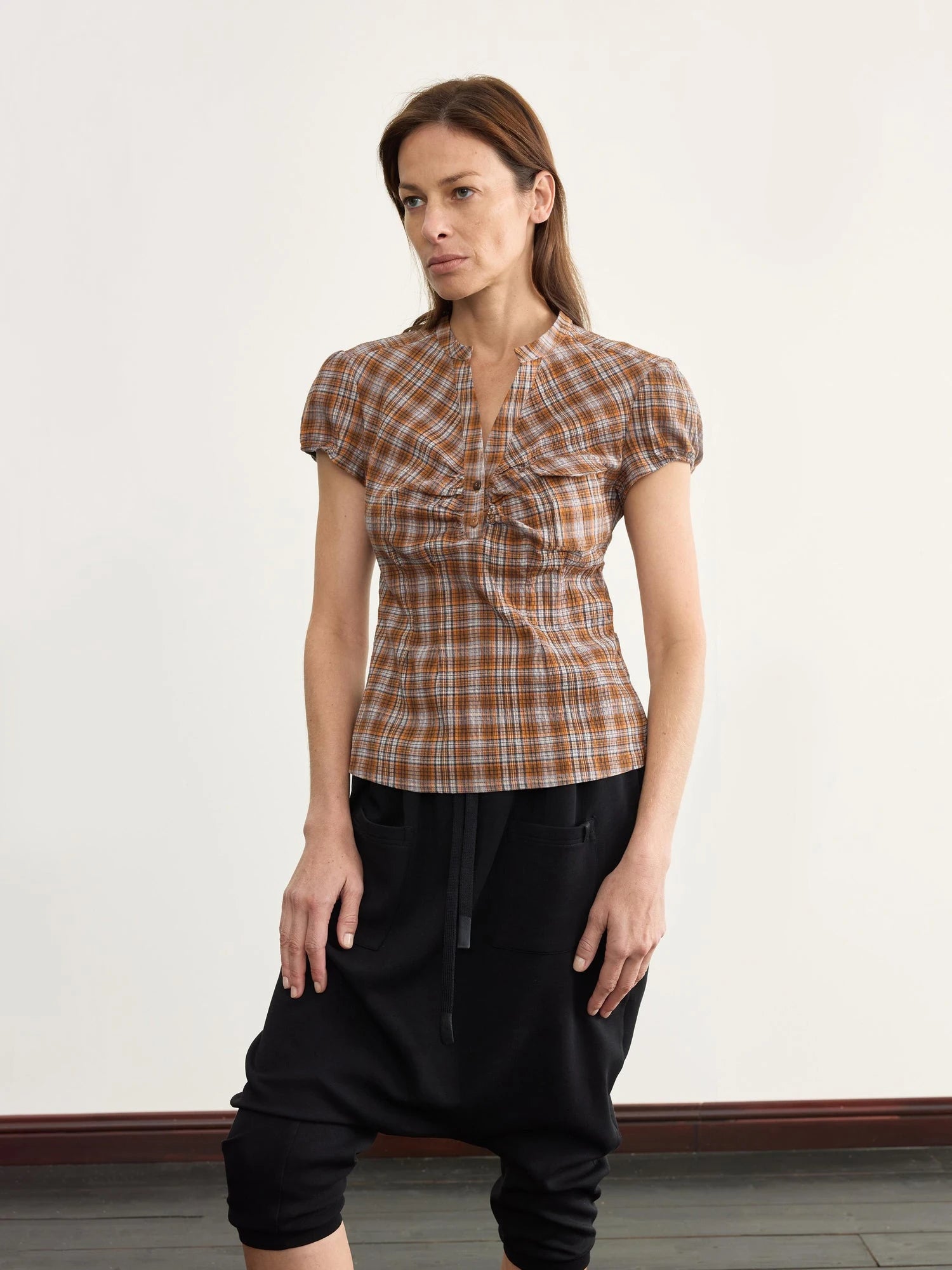 Vintage Plaid Peplum Blouse With Ruffled Sleeves