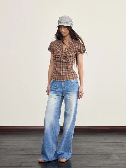 Vintage Plaid Peplum Blouse With Ruffled Sleeves