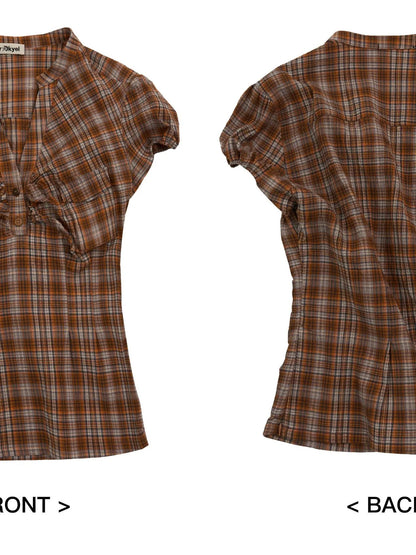 Vintage Plaid Peplum Blouse With Ruffled Sleeves