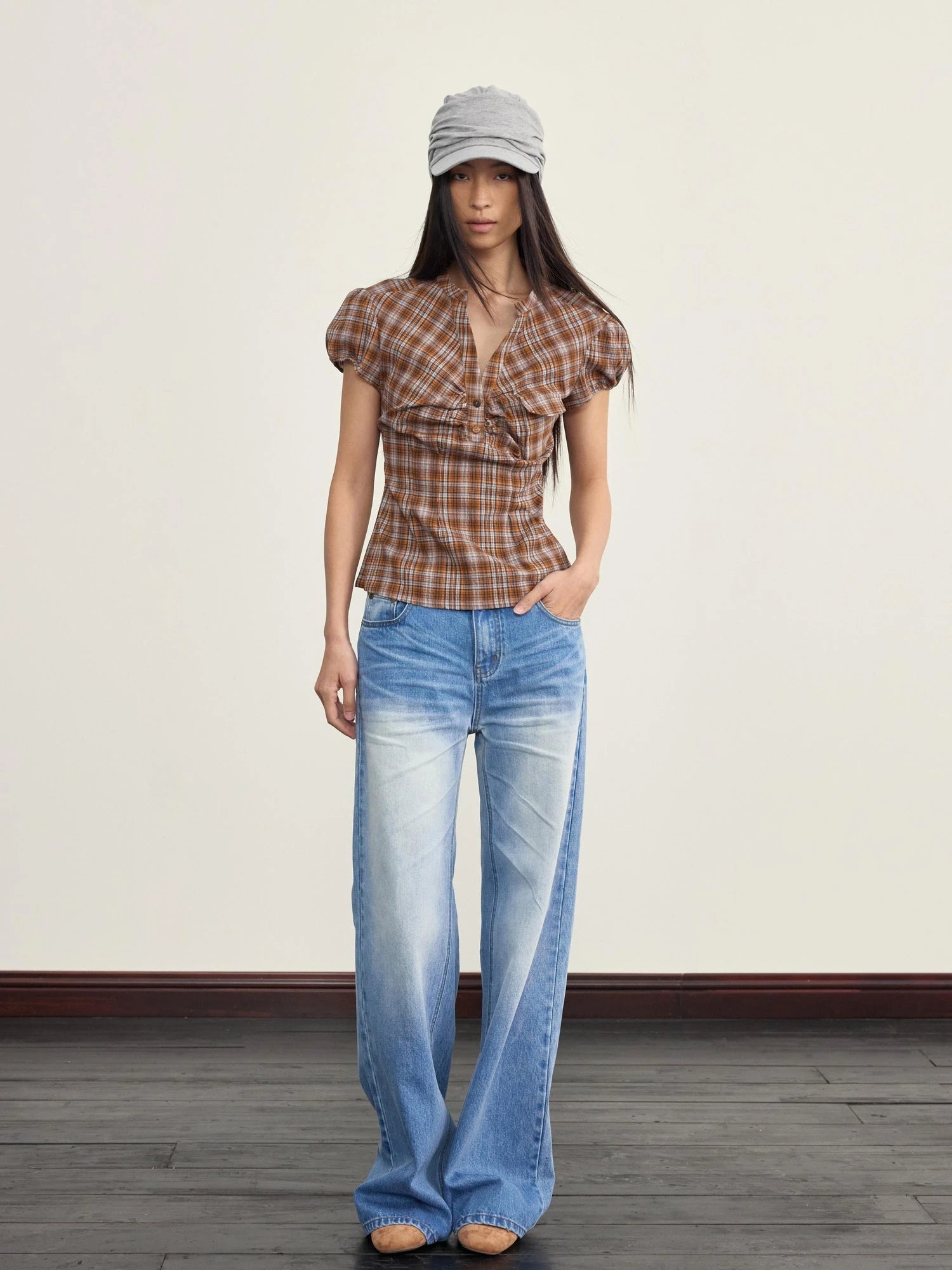 Vintage Plaid Peplum Blouse With Ruffled Sleeves