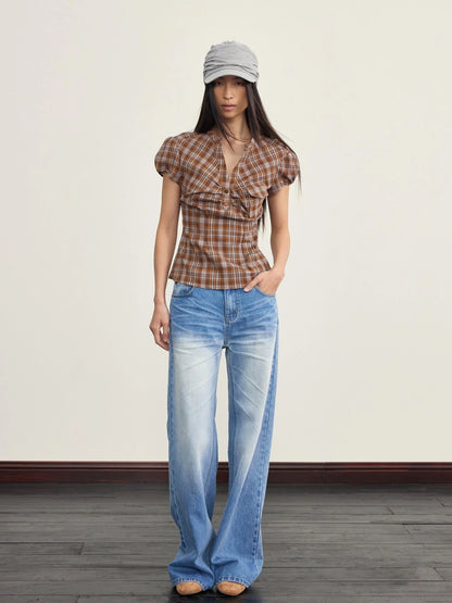Vintage Plaid Peplum Blouse With Ruffled Sleeves