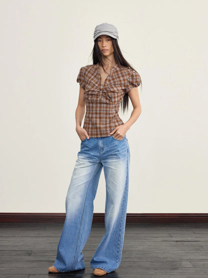 Vintage Plaid Peplum Blouse With Ruffled Sleeves