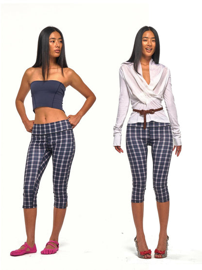 NyDkyel Vintage Plaid Print Slit Hem Capri Women&